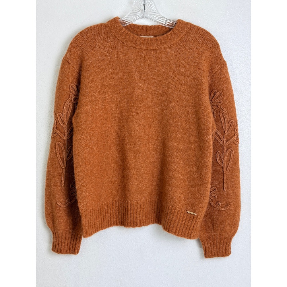 Elie Tahari Sweater Rust Orange Floral Embroidered Wool Alpaca Blend Medium